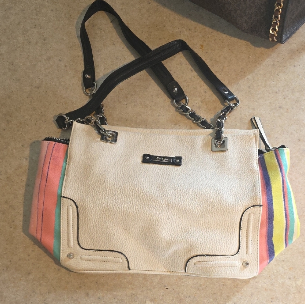 Jessica Simpson White Tote with Black Straps and Multicolor Stripe Sides